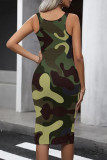 Grey Casual Camouflage Print Contrast U Neck One Step Skirt Dresses
