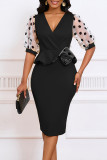 Yellow Elegant Dot Patchwork Slit V Neck A Line Dresses