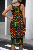 Black Casual Geometric Print Contrast U Neck One Step Skirt Dresses
