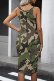 Grey Casual Camouflage Print Contrast U Neck One Step Skirt Dresses