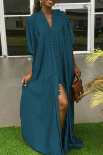 Green Elegant Solid Patchwork Buttons V Neck Long Dresses