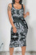 Grey Casual Camouflage Print Contrast U Neck One Step Skirt Dresses