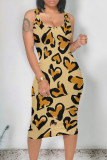 Yellow Casual Love Print Contrast U Neck One Step Skirt Dresses