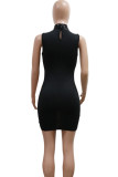 Black Sexy Hollowed Out Sequins Patchwork See-through Mandarin Collar Wrapped Skirt Dresses
