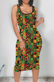 Yellow Red Vintage Print Patchwork U Neck Wrapped Skirt Dresses