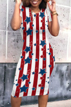 Red Street Print Patchwork O Neck Wrapped Skirt Dresses