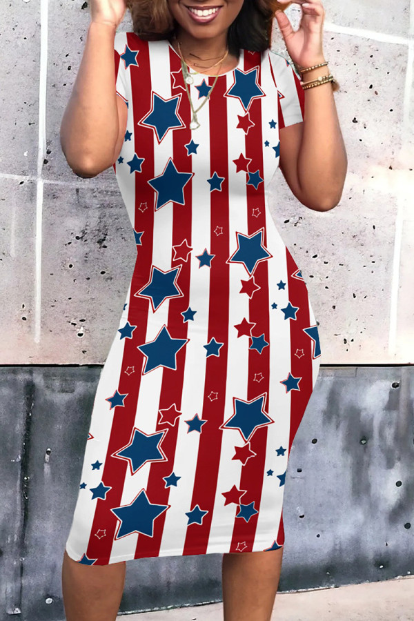 Red Street Print Patchwork O Neck Wrapped Skirt Dresses