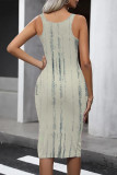 Light Gray Casual Geometric Print U Neck One Step Skirt Dresses