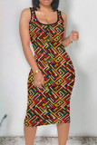 Red Yellow Vintage Print Patchwork U Neck Wrapped Skirt Dresses