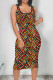 Yellow Red Vintage Print Patchwork U Neck Wrapped Skirt Dresses