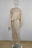 Cream White Celebrities Solid Patchwork Slit Off the Shoulder Long Sleeve Two Pieces