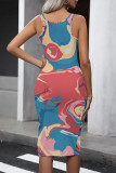 Blue Casual Gradient Print Contrast U Neck One Step Skirt Dresses