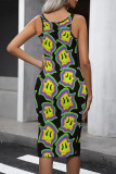 Black Casual Smiley face print U Neck One Step Skirt Dresses