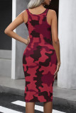 Grey Casual Camouflage Print Contrast U Neck One Step Skirt Dresses