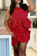 Red Street Solid Patchwork Fold Stringy Selvedge O Neck Sleeveless Two Pieces