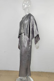 Grey Celebrities Solid Patchwork Slit Off the Shoulder Long Sleeve Two Pieces