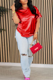 Red Casual Solid Patchwork O Neck T-Shirts