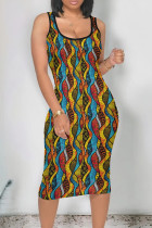 Colour Vintage Print Patchwork U Neck Wrapped Skirt Dresses