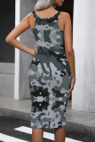 Grey Casual Camouflage Print Contrast U Neck One Step Skirt Dresses