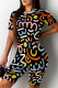 Black Casual Print Patchwork O Neck Short Sleeve Two Pieces