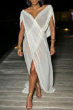 White Sexy Solid Hollowed Out Patchwork See-through Mesh V Neck Long Dresses
