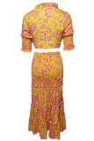 Orange Street Print Bandage Patchwork Fold V Neck Half Sleeve Two Pieces