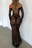 Black Sexy Solid Lace Patchwork See-through Off the Shoulder Long Dresses