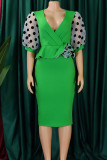 Green Elegant Dot Patchwork Slit V Neck A Line Dresses