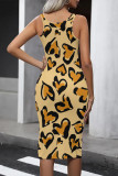 Yellow Casual Love Print Contrast U Neck One Step Skirt Dresses