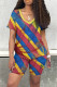 Red Yellow Casual Print Patchwork V Neck Short Sleeve Two Pieces