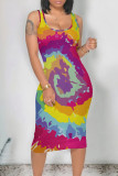 Multicolor Casual Gradient Contrast U Neck One Step Skirt Dresses