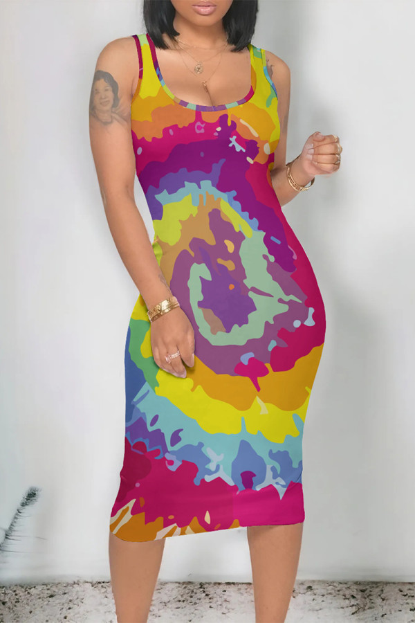 Multicolor Casual Gradient Contrast U Neck One Step Skirt Dresses