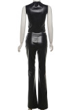 Red Street Solid Hollowed Out Patchwork Buttons Zipper O Neck Sleeveless Two Pieces