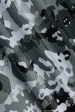 Grey Casual Camouflage Print Contrast U Neck One Step Skirt Dresses