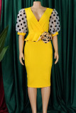 Yellow Elegant Dot Patchwork Slit V Neck A Line Dresses
