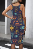 Navy Blue Casual Print Graffiti U Neck One Step Skirt Dresses