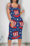Blue Casual Print The stars American Flag Contrast U Neck One Step Skirt Dresses