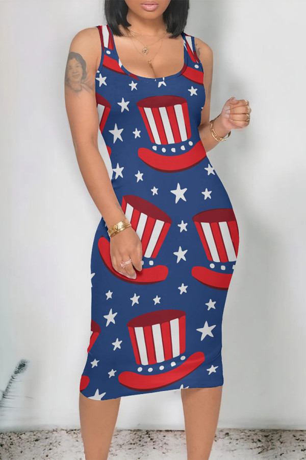 White Blue Red Casual The stars American Flag Print Contrast U Neck One Step Skirt Dresses