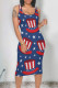 White Blue Red Casual The stars American Flag Print Contrast U Neck One Step Skirt Dresses