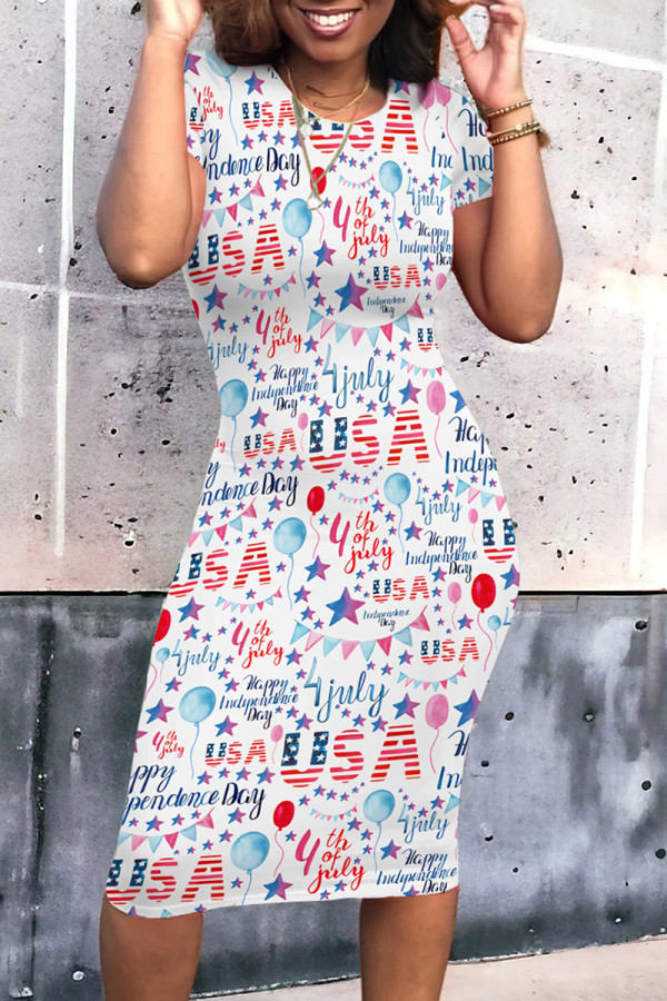 White Blue Street Print Patchwork O Neck Wrapped Skirt Dresses