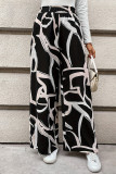 Black Casual Print Patchwork Loose Mid Waist Wide Leg Full Print Bottoms