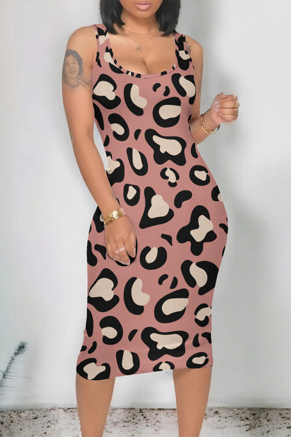 Deep Pink Casual Animal Print Print U Neck One Step Skirt Dresses