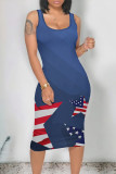 Tibetan Blue Casual The stars American Flag Print Contrast U Neck One Step Skirt Dresses