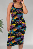 Blue Casual Print Patchwork U Neck Wrapped Skirt Dresses