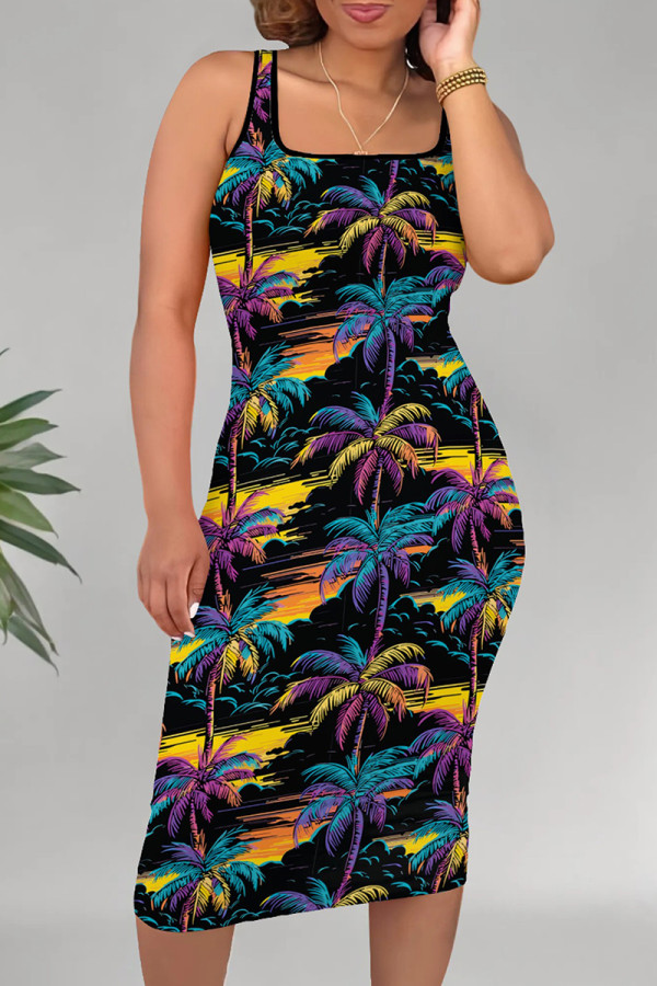 Black Casual Print Patchwork U Neck Wrapped Skirt Dresses