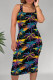 Black Casual Print Patchwork U Neck Wrapped Skirt Dresses