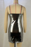 Grey Sexy Solid Patchwork Backless Spaghetti Strap Sling Dresses