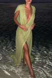 White Sexy Solid Hollowed Out Patchwork See-through Mesh V Neck Long Dresses