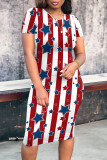Red Blue Street Print Patchwork O Neck Wrapped Skirt Dresses