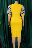 Yellow Elegant Dot Patchwork Slit V Neck A Line Dresses